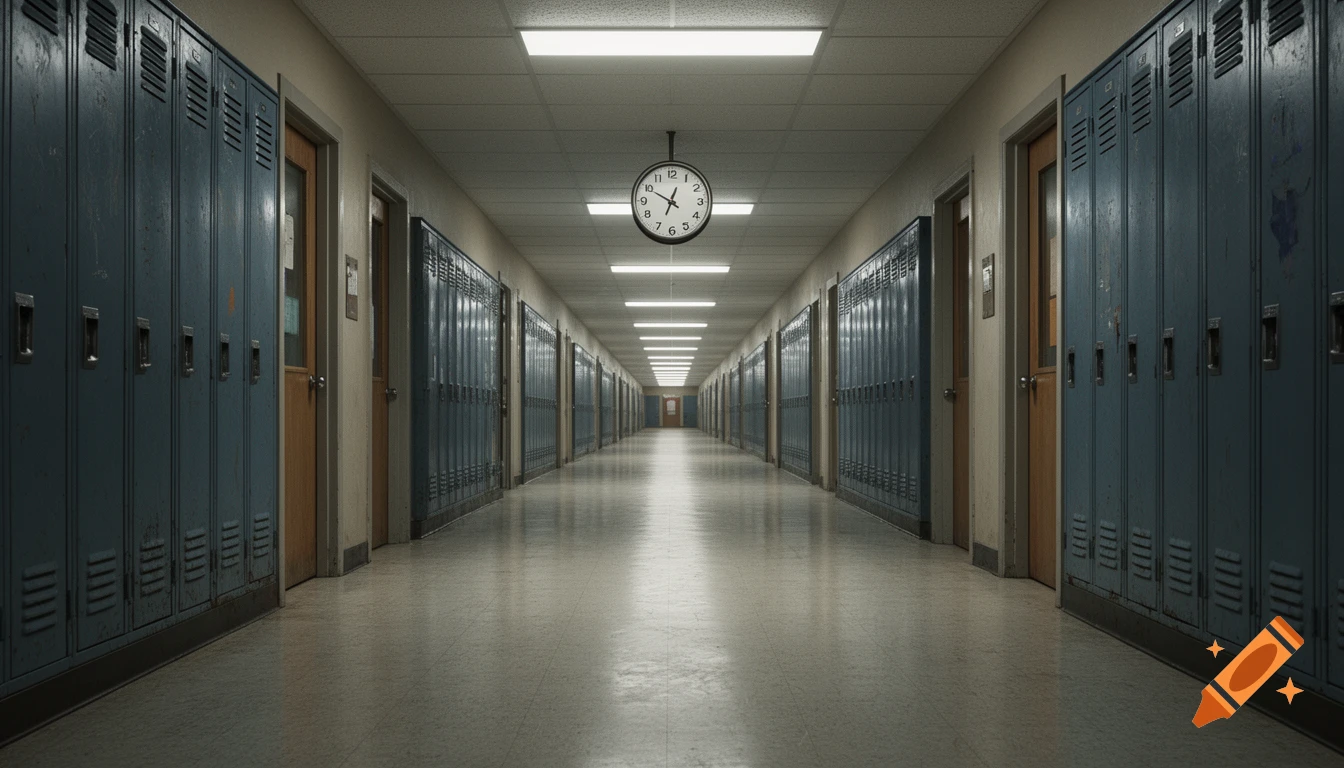 A photorealistic, long, empty school hallway with blue lockers, fluorescent lights, and a clock hanging from the ceiling, mimicking a liminal space.