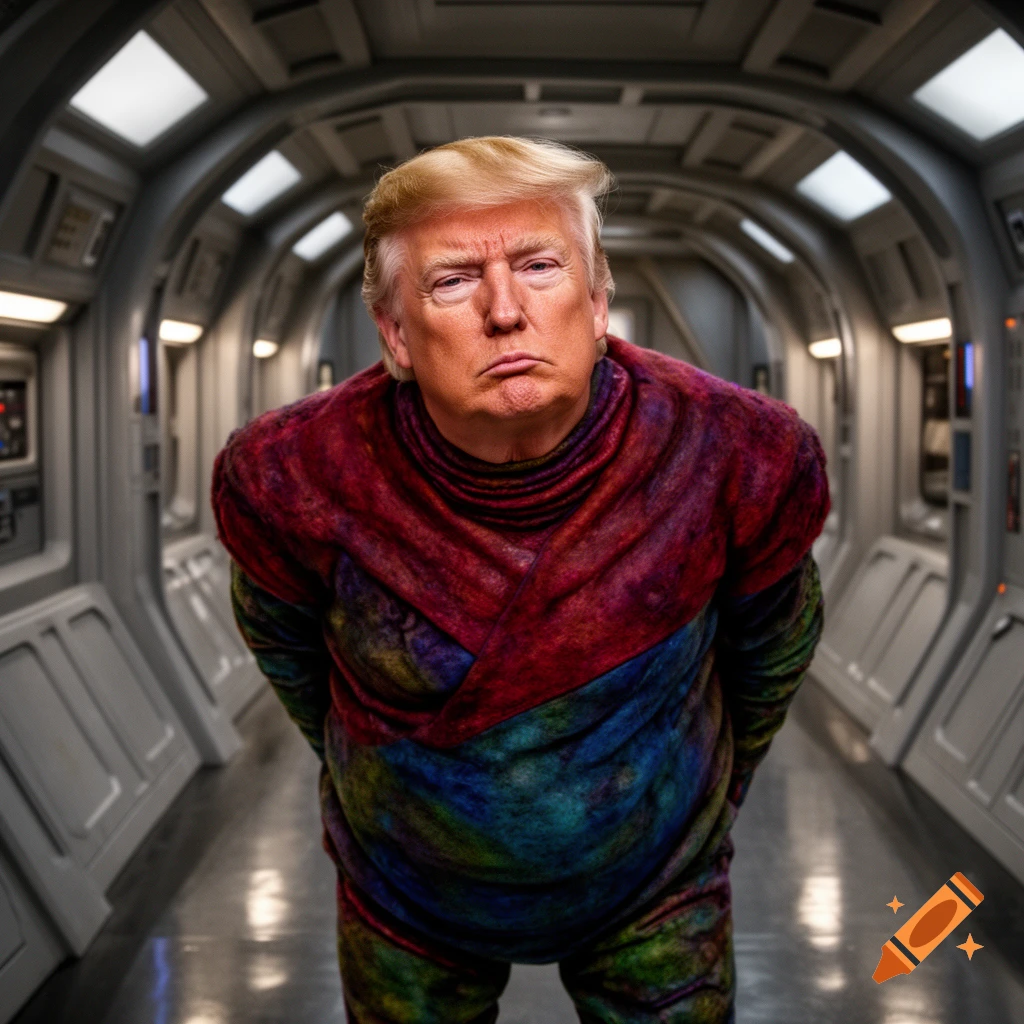 Donald Trump's face on a squat, colorful alien body in a Star Trek spaceship corridor.