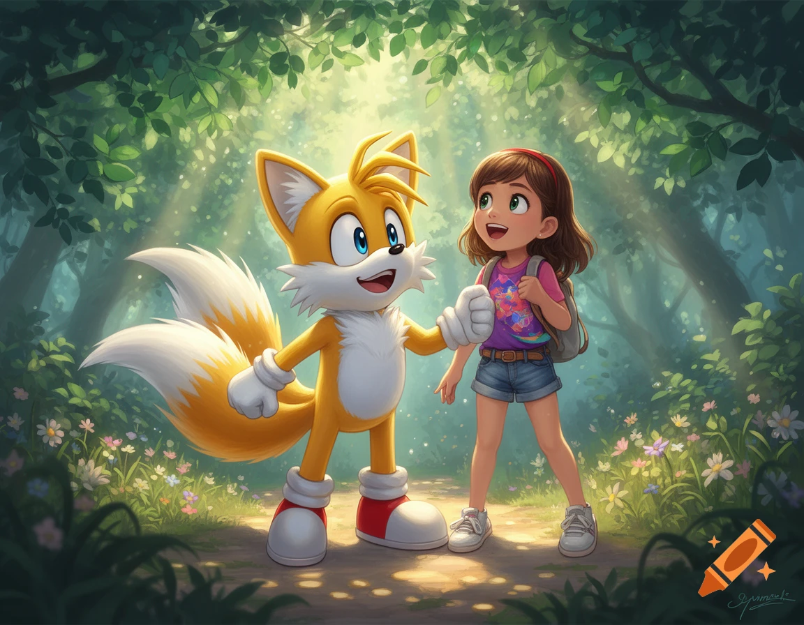 Tails Miles Prower and a happy human girl stand together on a sunny forest path in a colorful illustration.