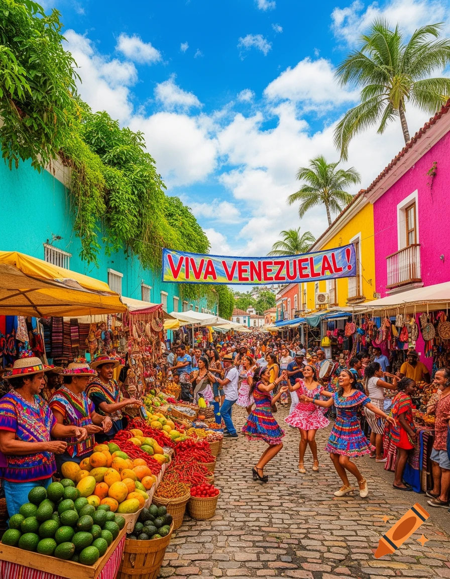 Vibrant street market in Venezuela with vendors selling produce, dancers in colorful dresses, and a "VIVA VENEZUELA!" banner.