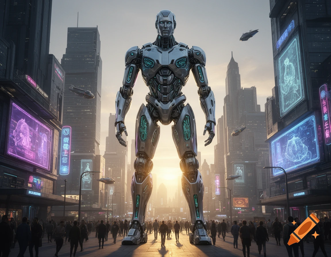 A giant metallic robot stands in the middle of a bustling futuristic ...