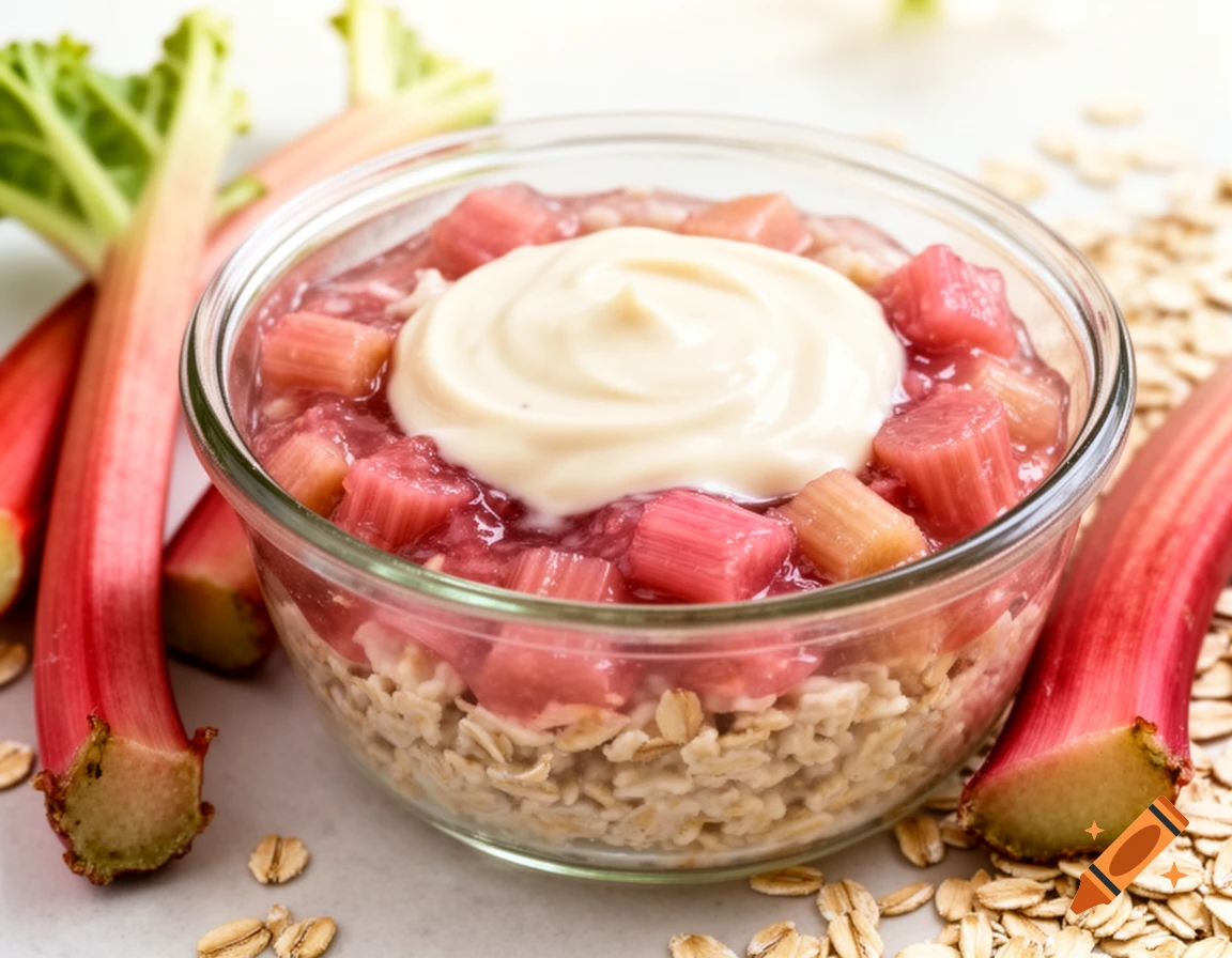 Photorealistic close-up of a glass bowl filled with oatmeal, stewed pink rhubarb, and a dollop of cream, with fresh rhubarb stalks and scattered oats nearby.
