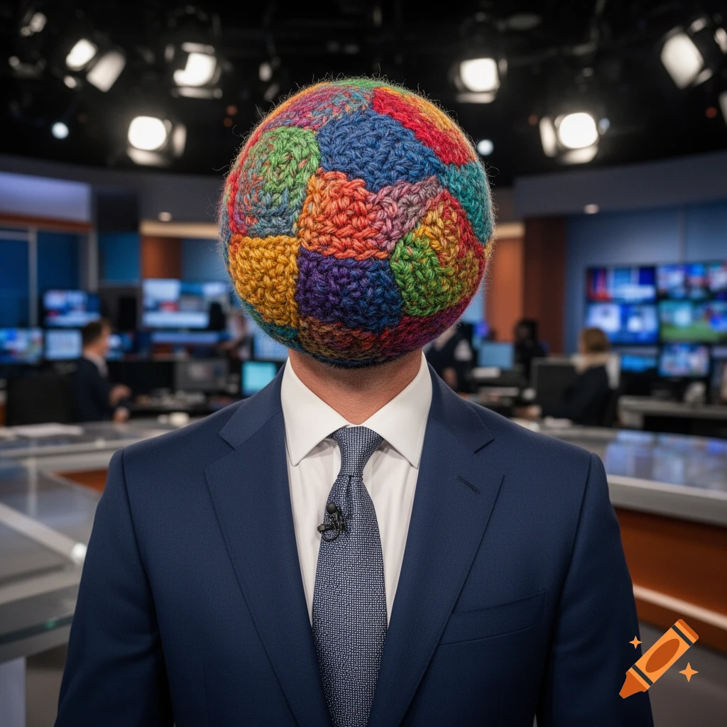 A man in a suit with a colorful crocheted hacky sack as his head stands in a newsroom.
