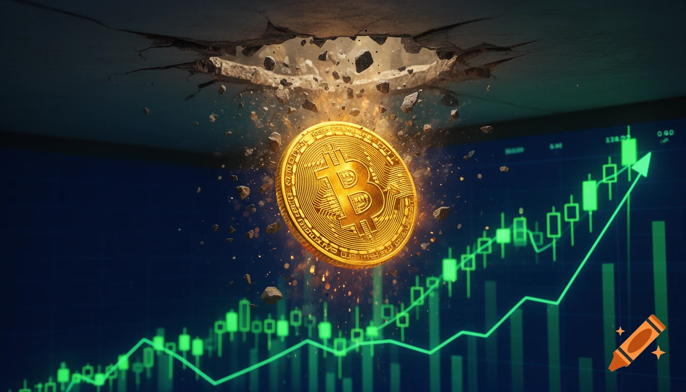 A golden Bitcoin coin dramatically bursting through a cracked ceiling, surrounded by glowing green financial charts and an upward-trending line on a dark blue background.