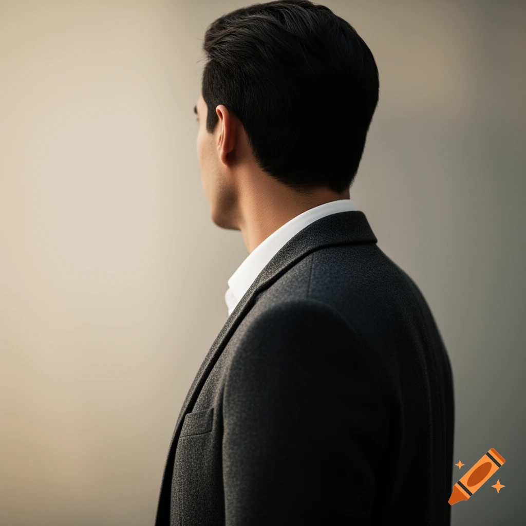 A man with dark hair and a gray suit, seen from behind, looking toward a light wall.