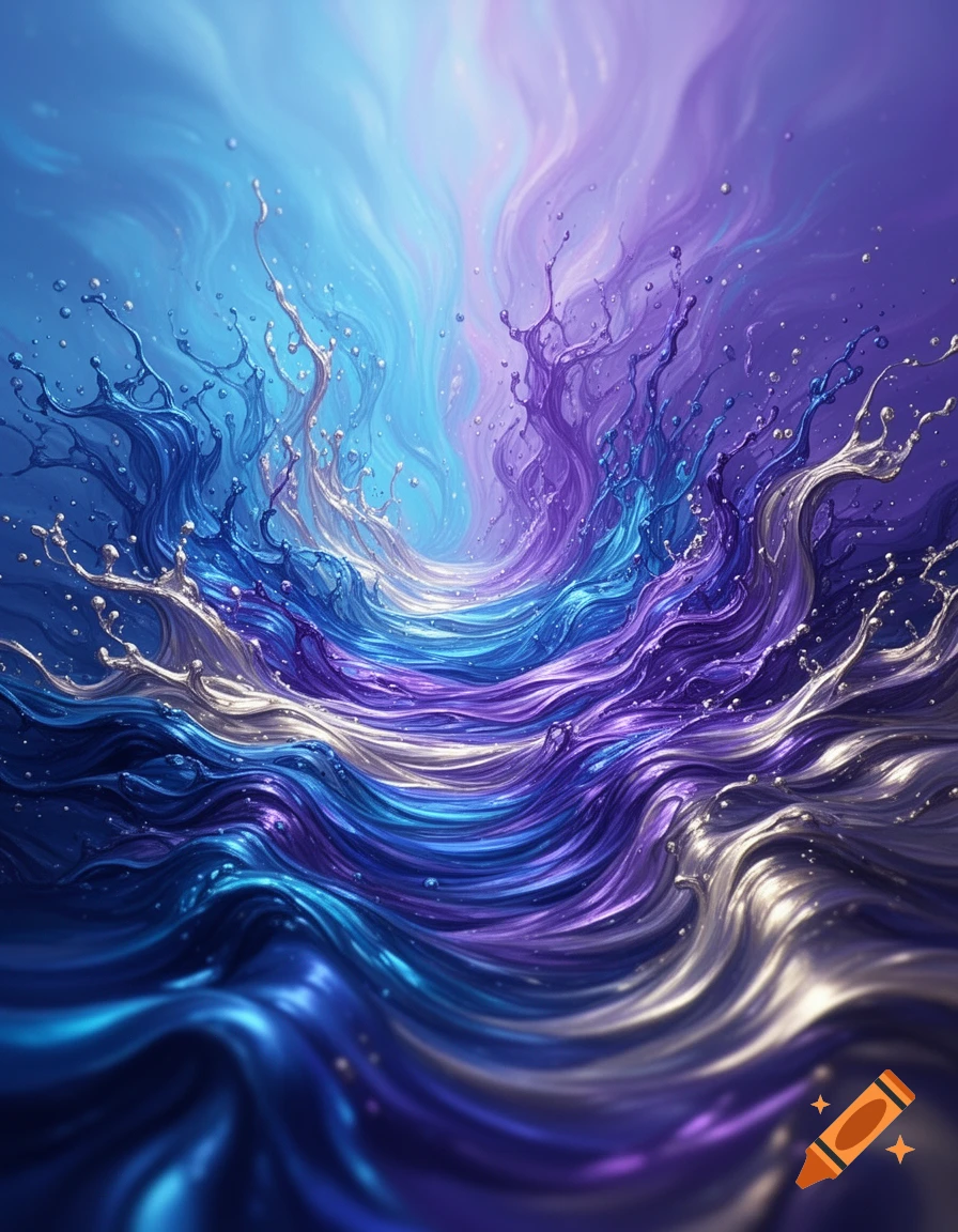 Vibrant abstract liquid swirls and splashes in shades of blue, purple, and silver, creating a dynamic, flowing visual.
