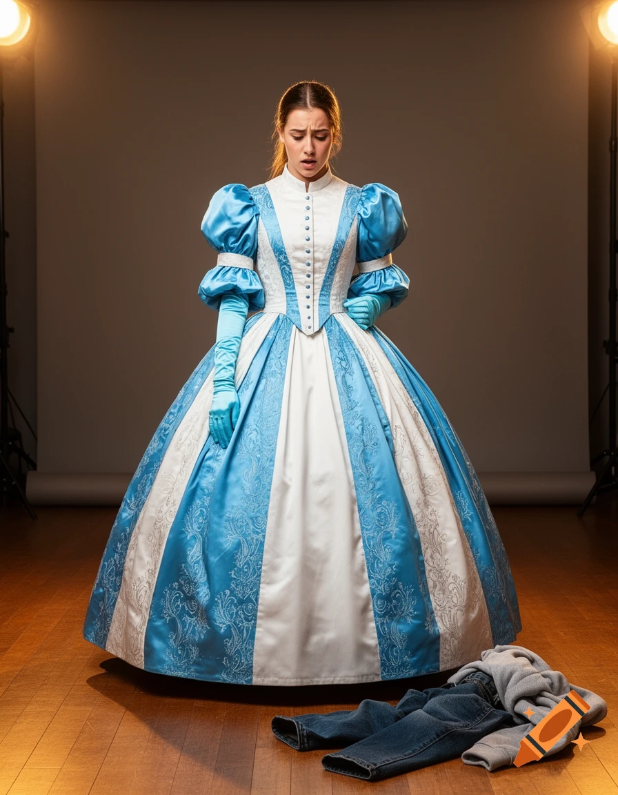 Confused woman in an elaborate blue and white 1860s gown, with modern clothes on the floor, under studio lights.