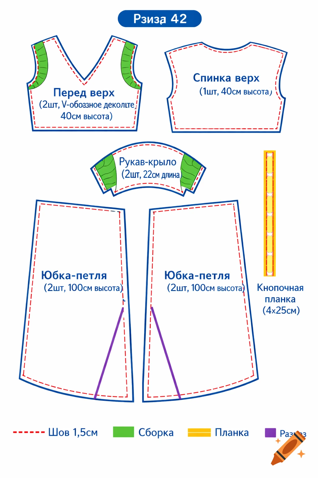 A colorful sewing pattern for a size 42 dress, featuring various pieces like front and back top, flutter sleeves, and a wrap skirt, all labeled in Russian with dimensions, and a legend for seam allowances, gathering zones, button placket, and slits.