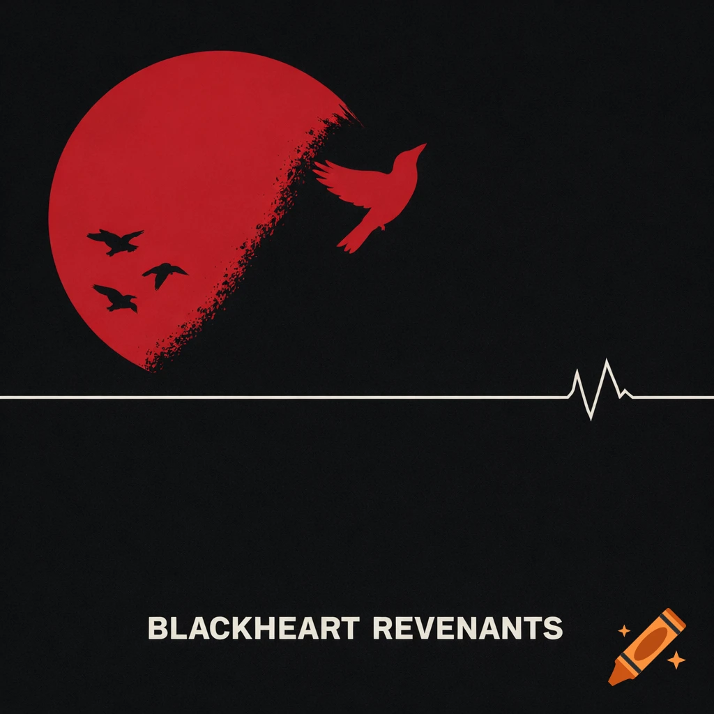A minimalist album cover with a large red circle resembling a sun or moon with a textured edge on a black background. Silhouettes of three black birds are inside the red circle, and a red bird flies out to the right. A thin white line with two pulse peaks runs across the bottom, with the text "BLACKHEART REVENANTS" below.