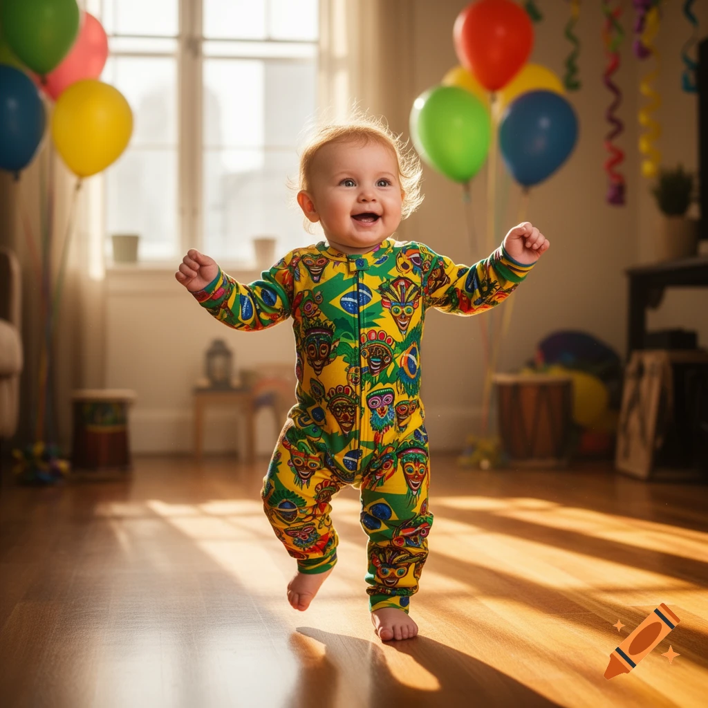 A smiling baby wearing a yellow and green outfit with Brazilian flag and mask patterns walks on a wooden floor in a sunlit room with balloons.