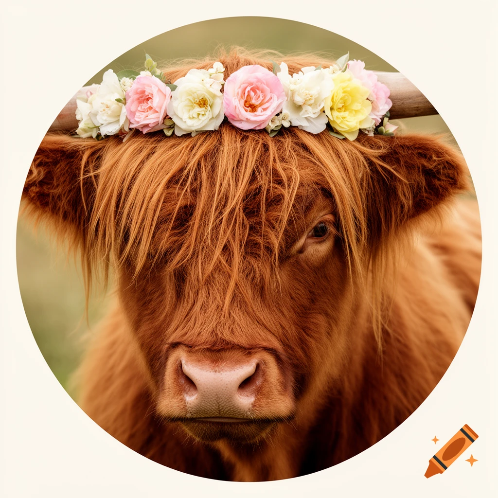 Close-up of a shaggy brown Highland cow's head, wearing a crown of pink, yellow, and white flowers.