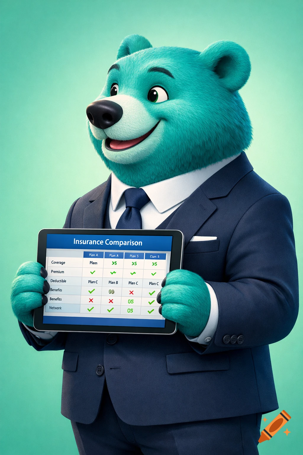 A smiling teal turquoise bear mascot in a dark navy business suit holds a tablet showing an insurance comparison table.