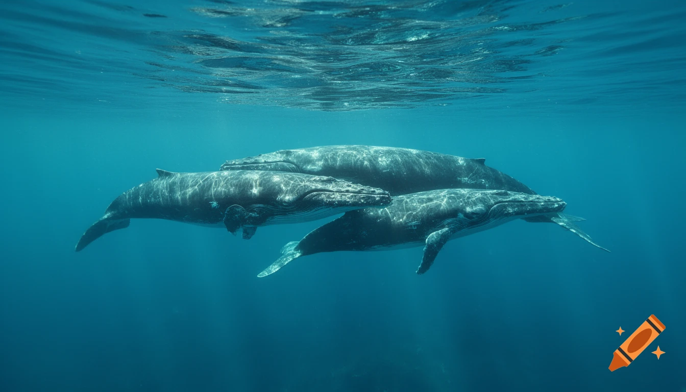 Three large whales swim gracefully underwater in clear blue ocean water, with light dappling from the surface.