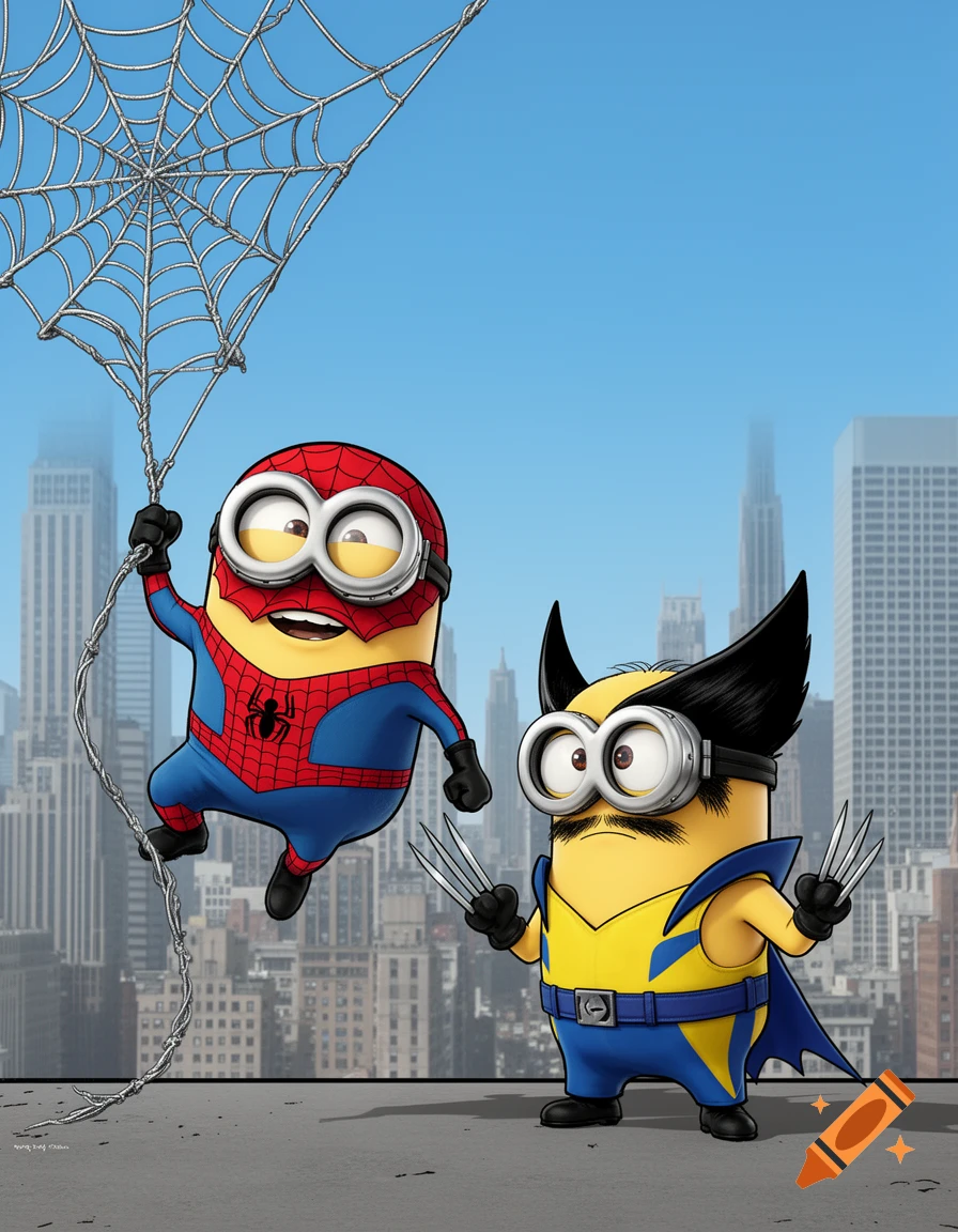 Minions dressed as Spider-Man and Wolverine on a city rooftop in a vibrant comic style.