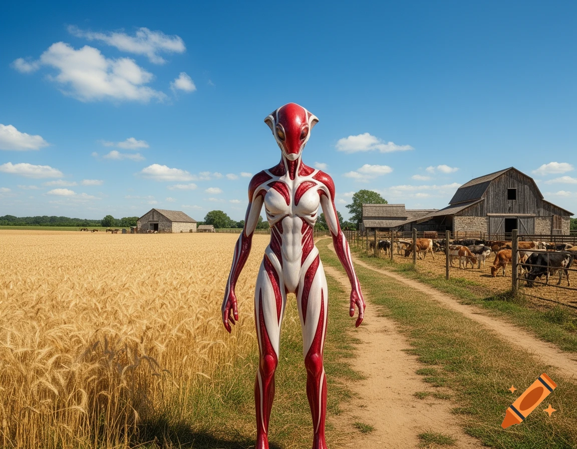 A red and white alien creature stands on a dirt path on a sunny farm with wheat fields, barns, and cows.