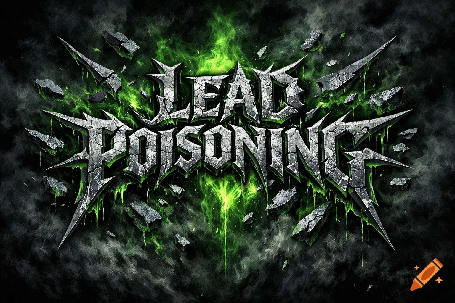 Heavy metal logo for 'LEAD POISONING' with cracked grey text, sharp spikes, and green glowing liquid on a smoky black background.