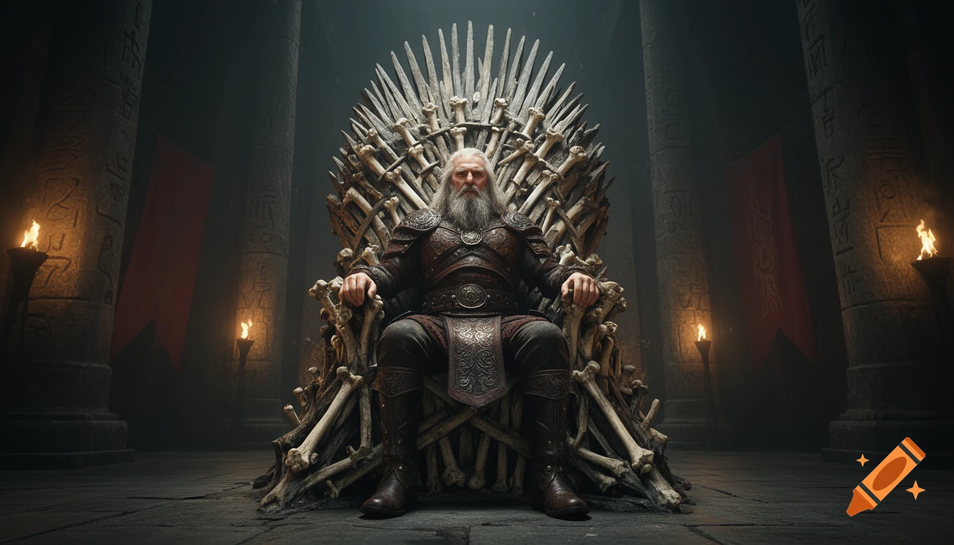An old, bearded king in ornate armor sits on a throne made of bones in a dark, torch-lit stone hall, reminiscent of Game of Thrones.