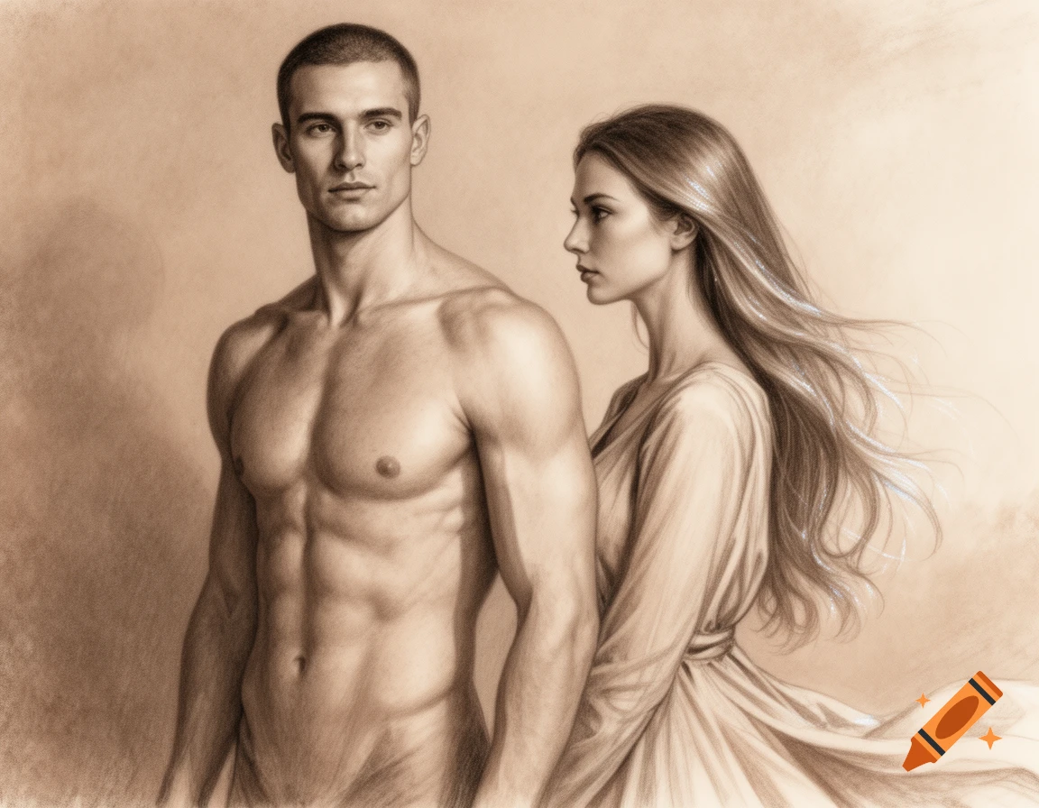 Sepia drawing of a muscular shirtless man facing forward, with a woman in a flowing dress looking at him from behind.