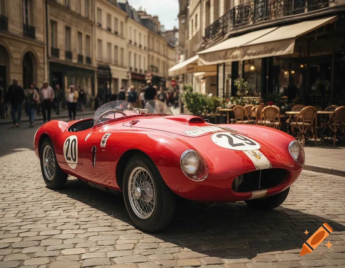 A vibrant red vintage race car with numbers 20 and 29, parked on a cobblestone street in a historic European city with cafes and people in the background, in a photorealistic style.