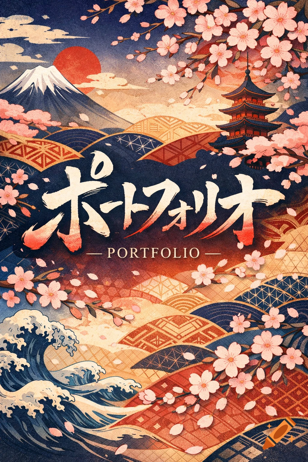 Ukiyo-e inspired graphic design for a portfolio cover, depicting Mount Fuji, a pagoda, cherry blossoms, and waves with 'PORTFOLIO' text.