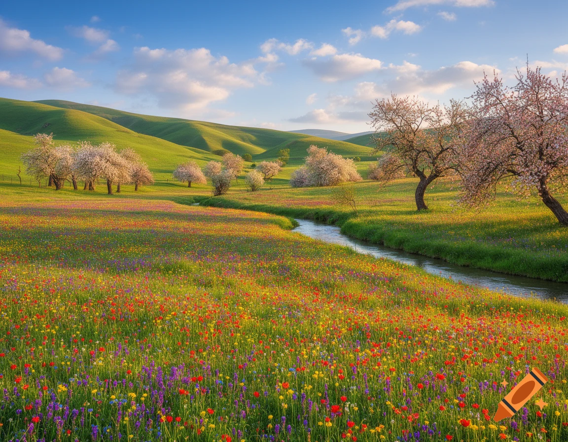 A photorealistic spring landscape with rolling green hills, a winding river, a meadow of colorful wildflowers, and blooming trees under a blue sky.