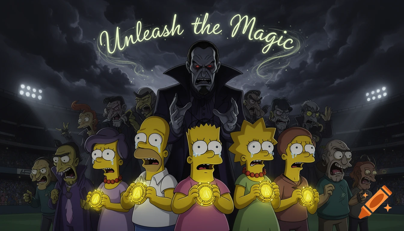 The Simpsons family crying and holding glowing amulets, surrounded by menacing villains under a dark, cloudy sky with text 'Unleash the Magic'.
