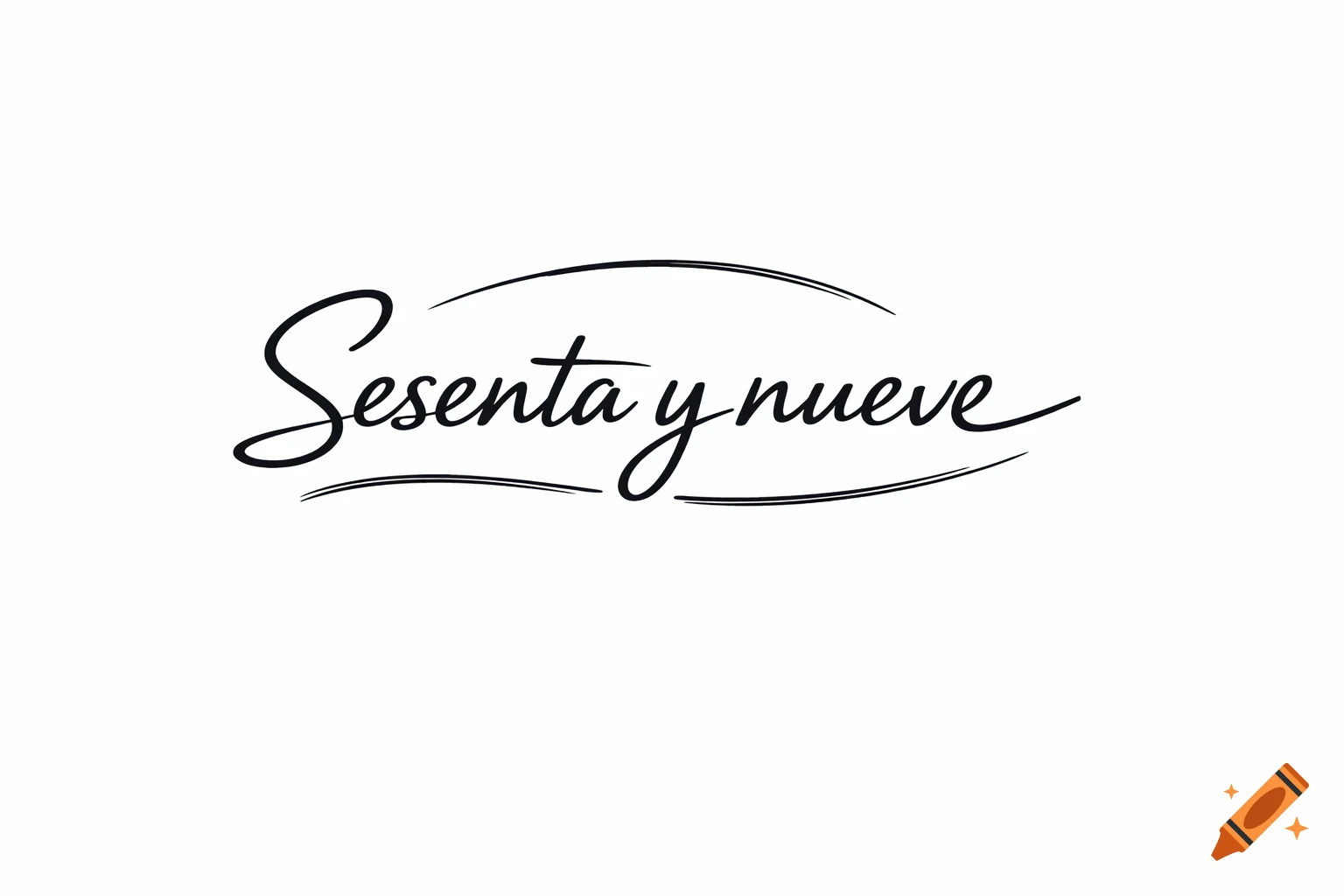 Minimalist black calligraphy logo with 'Sesenta y nueve' text and decorative lines on a white background.