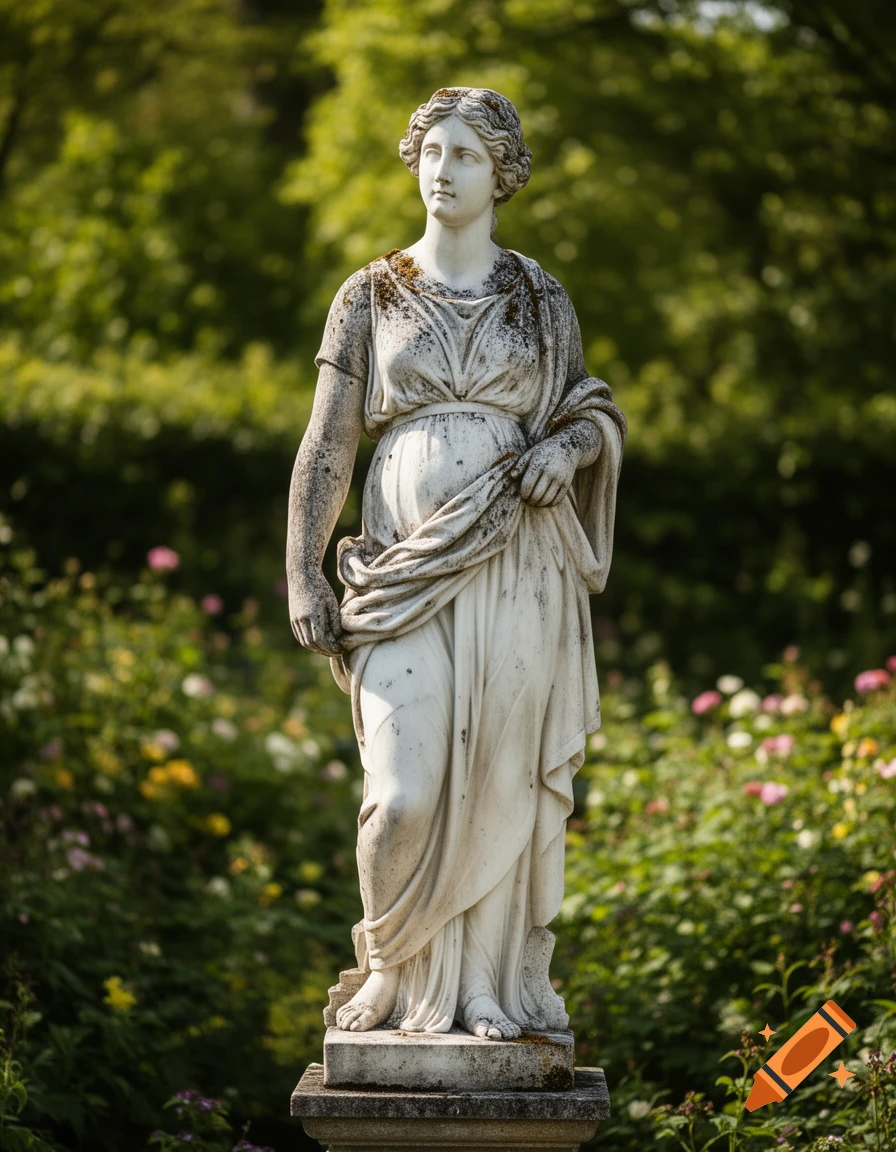 Photorealistic image of an antique weathered marble statue of a draped woman standing in a lush green garden.