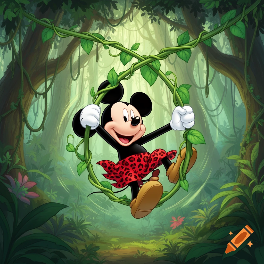Mickey Mouse, wearing a red leopard print loincloth, swings joyfully on a green vine in a lush, vibrant jungle.