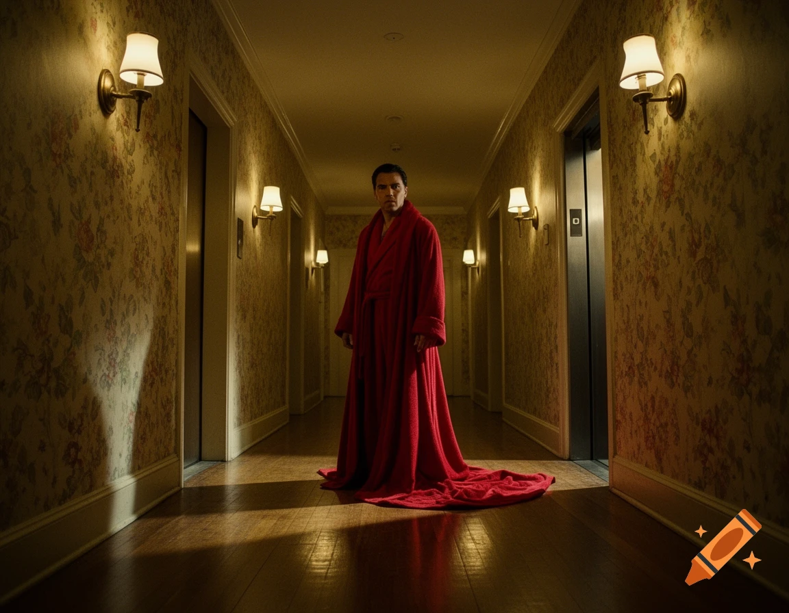 A man in a long red robe stands in a dimly lit, patterned hotel hallway with sconces and elevator doors.