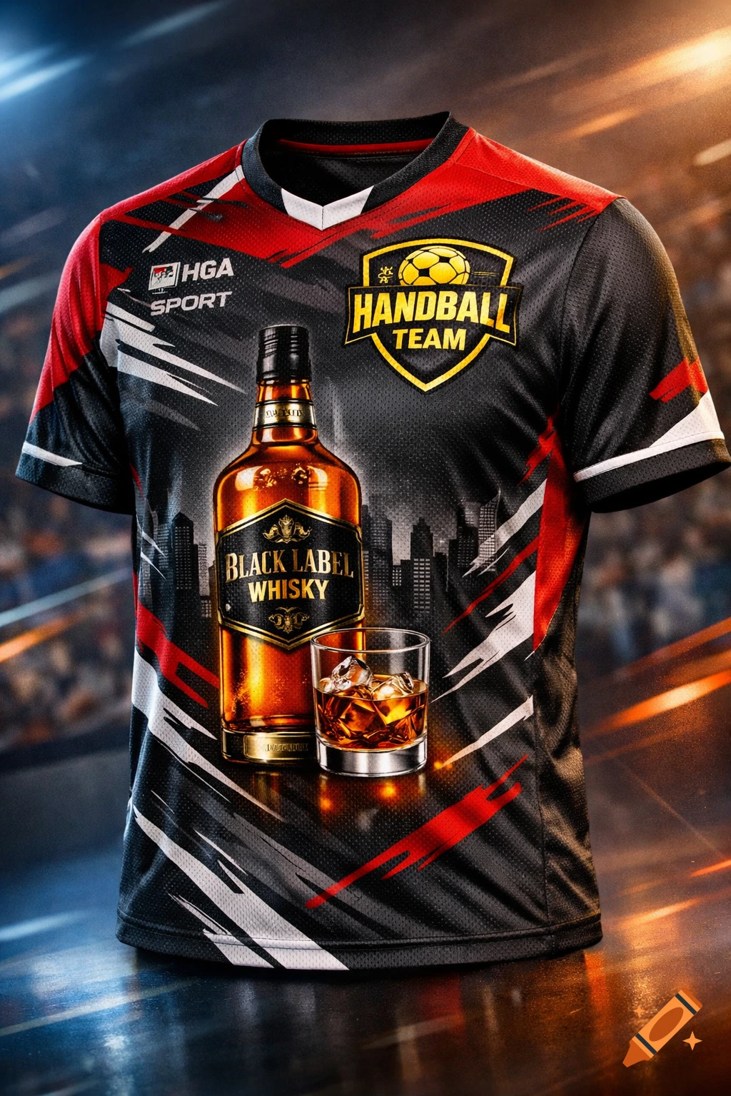 Photorealistic handball jersey with a 'Handball Team' logo and 'Black Label Whiskey' bottle and glass on a stadium background.