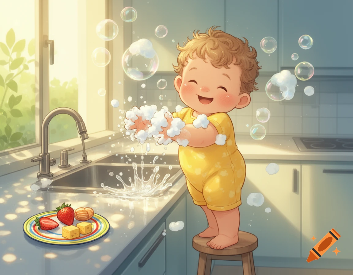 A happy toddler on a stool washes hands with soap bubbles in a sunny kitchen, with a snack on the counter, cute illustration.