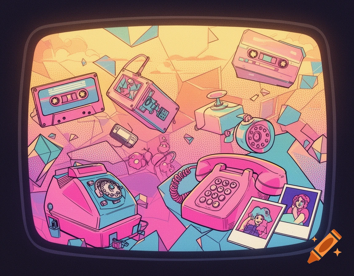 A vibrant 80s-style illustration featuring floating retro electronics, including cassette tapes, rotary phones, and polaroid photos, against a geometric backdrop.