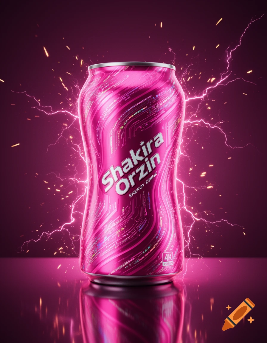 A bright neon pink energy drink can named "Shakira Orzin" with an organic curved shape, holographic patterns, and glowing accents, surrounded by pink lightning and sparks on a reflective surface.