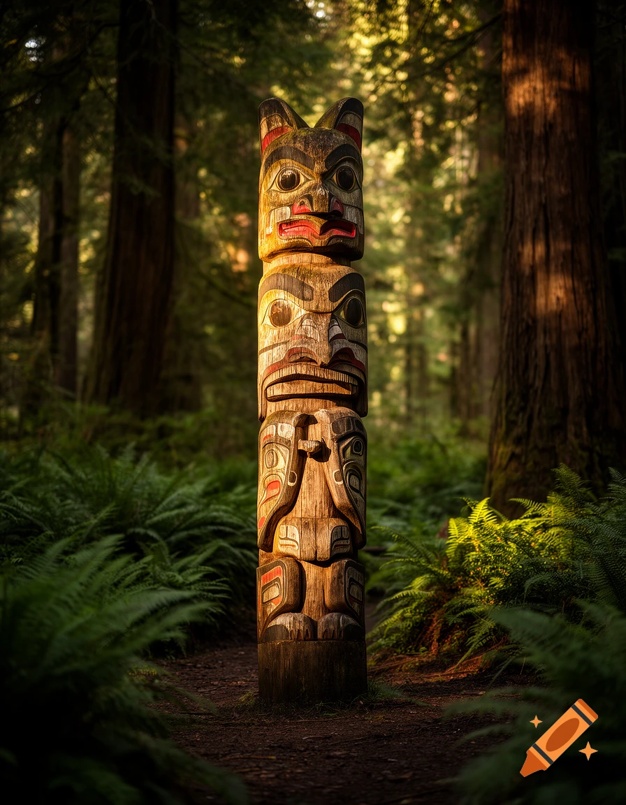 A tall, intricately carved wooden totem pole stands upright in a lush green forest, illuminated by golden sunlight.