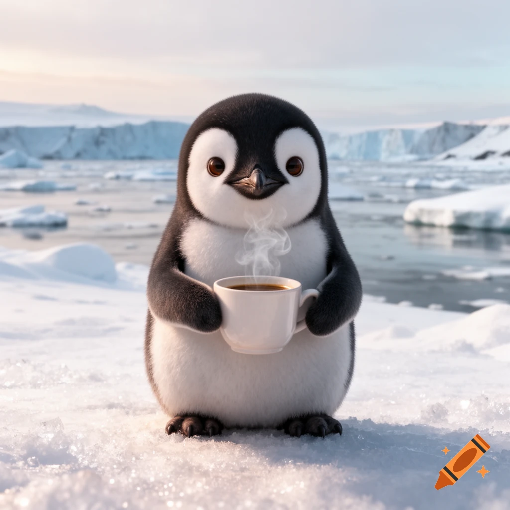 A cute baby penguin stands in a snowy arctic landscape, holding a steaming white mug of coffee.