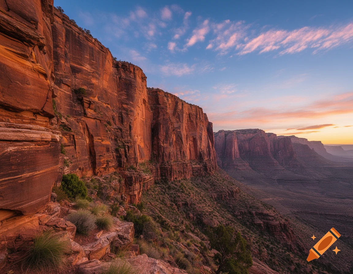 Vast red canyon cliffs overlook a wide valley under a colorful sunrise sky.