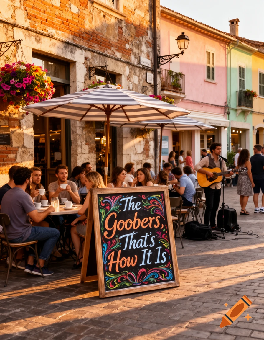 A lively street scene with people dining at an outdoor cafe, a musician playing guitar, and colorful buildings. A chalkboard sign is in the foreground.