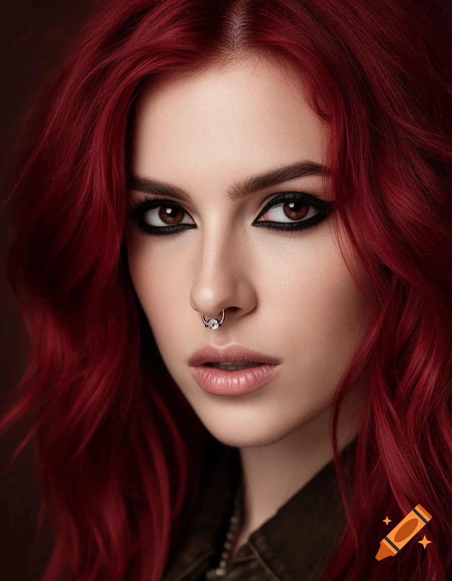 Hyperrealistic close-up portrait of a woman with cherry red wavy hair ...