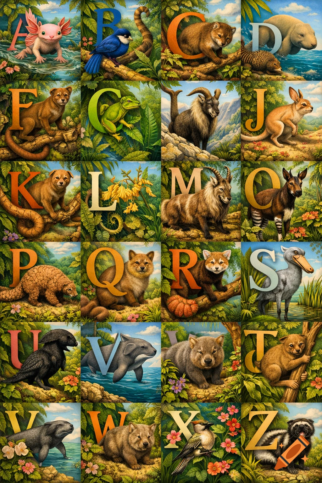 Illustrated alphabet poster with animals for each letter, from A (axolotl) to Z (skunk) in natural settings.