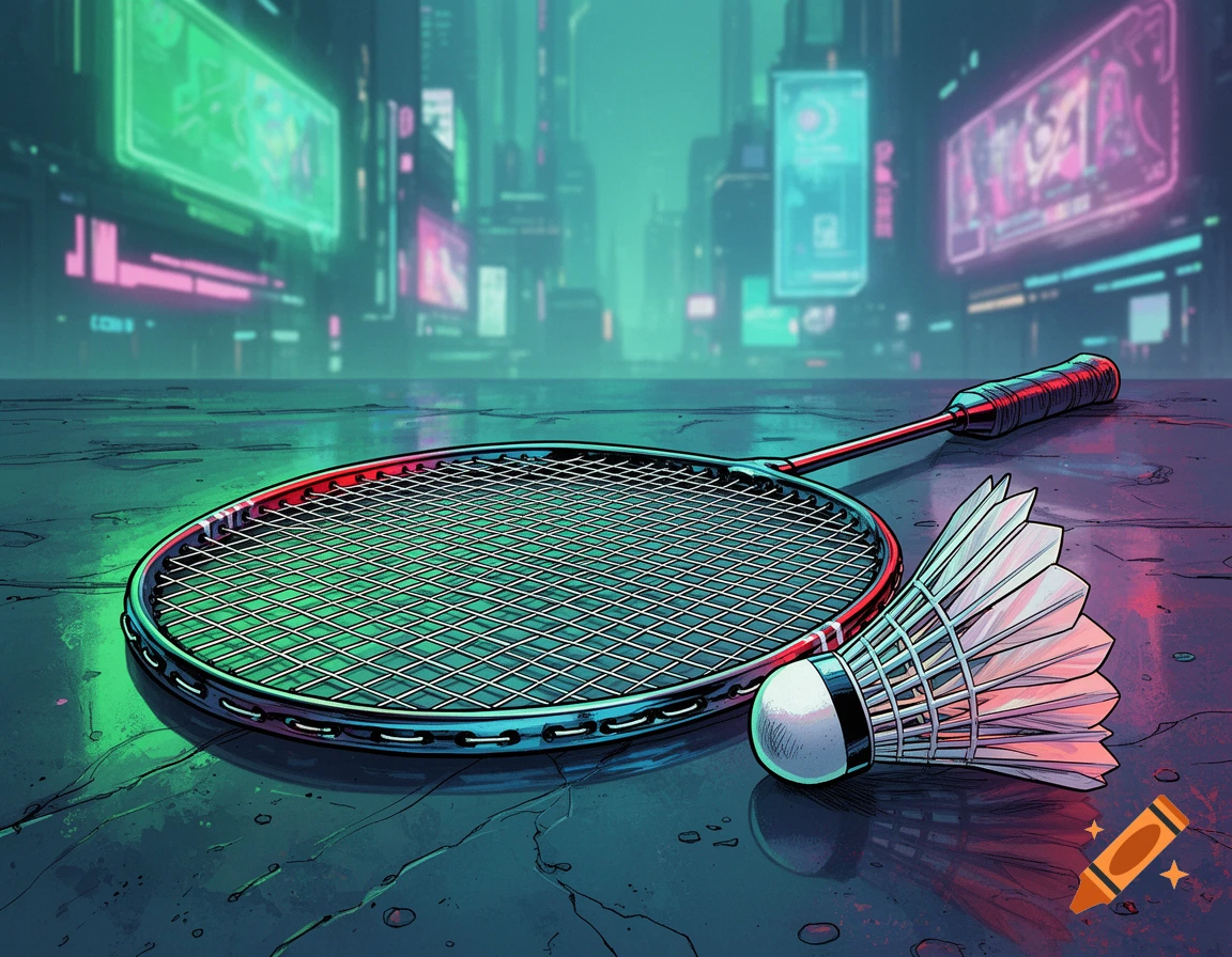 Cyberpunk comic style illustration of a badminton racket and shuttlecock on a wet street with neon city lights in the background.