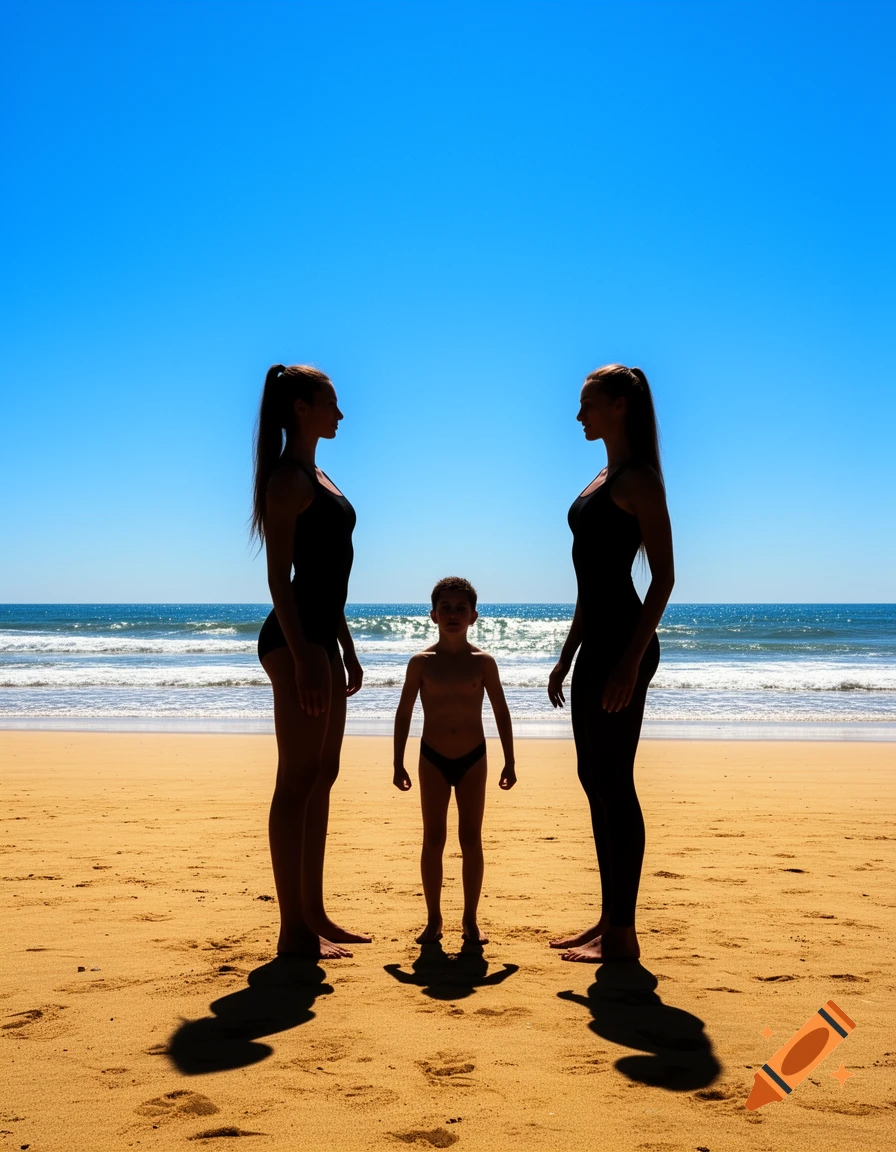 Two tall women and a short boy silhouetted on a sunny beach with the ocean in the background.