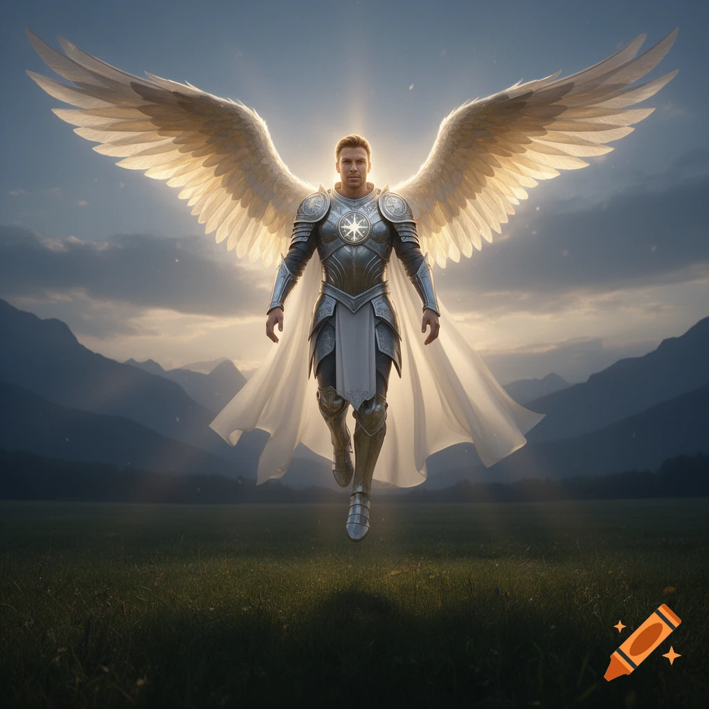 A radiant winged warrior in silver armor and a white cape hovers over a grassy field with mountains at sunset.