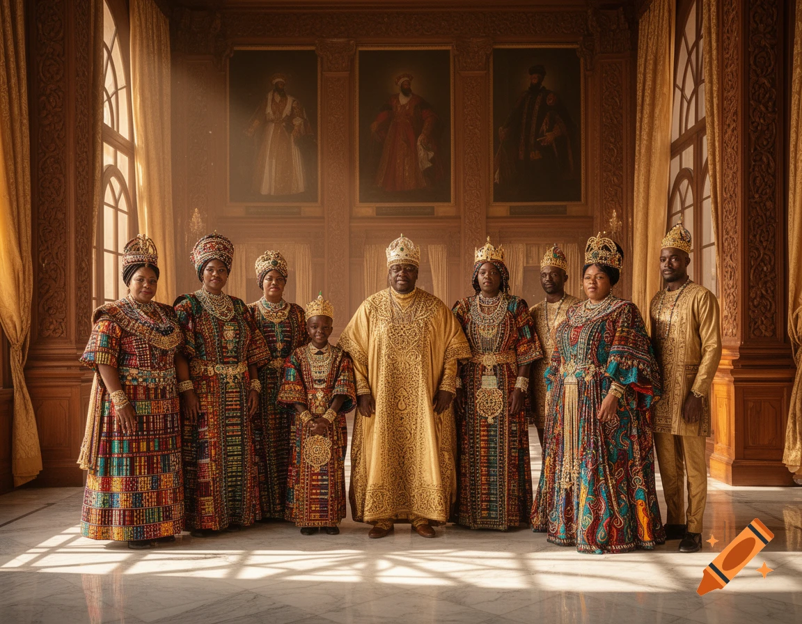 An African royal family poses in a grand, ornate room, wearing colorful, richly decorated traditional garments and gold crowns.