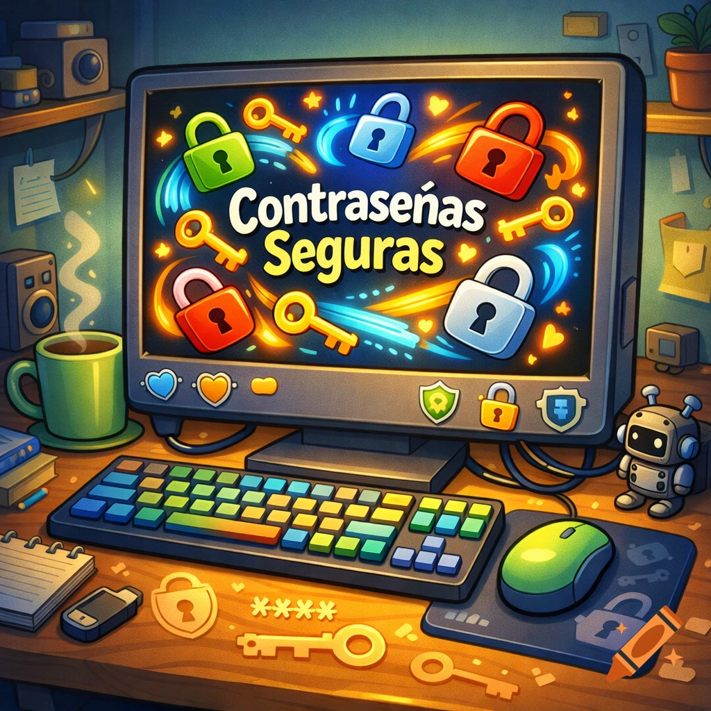 A cartoon desk with a computer monitor displaying "Contraseñas Seguras" surrounded by colorful locks and keys. A vibrant keyboard, green mouse, and coffee mug are on the desk.