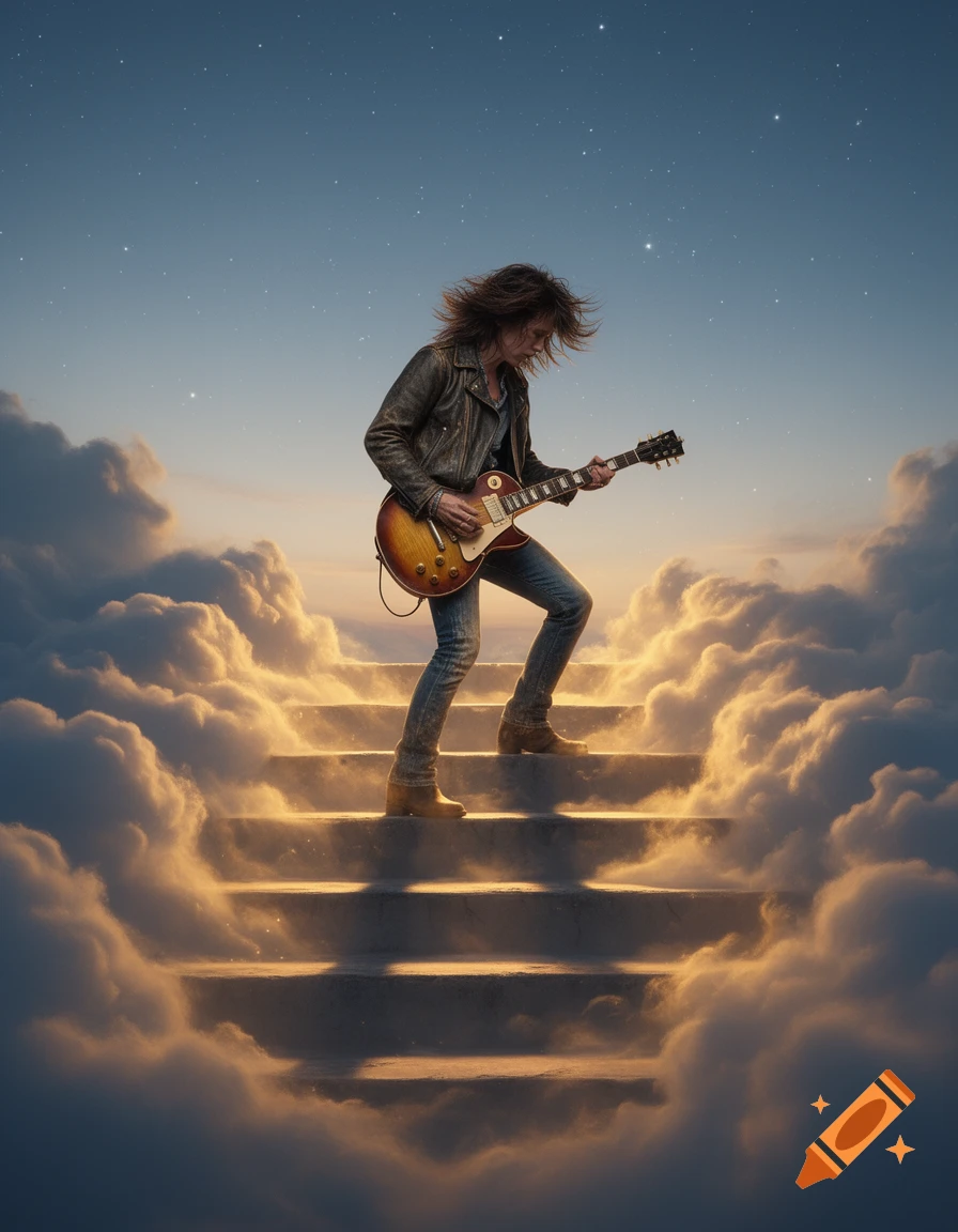 A guitarist with long hair plays an electric guitar while ascending glowing cloud stairs under a starry blue sky.