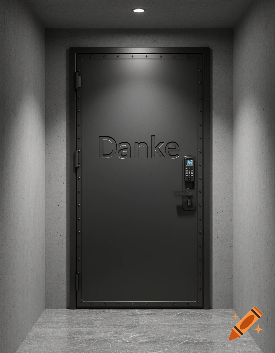 A photorealistic image of a dark gray security door with 'Danke' embossed on it, featuring a digital keypad, in a dim concrete hallway.