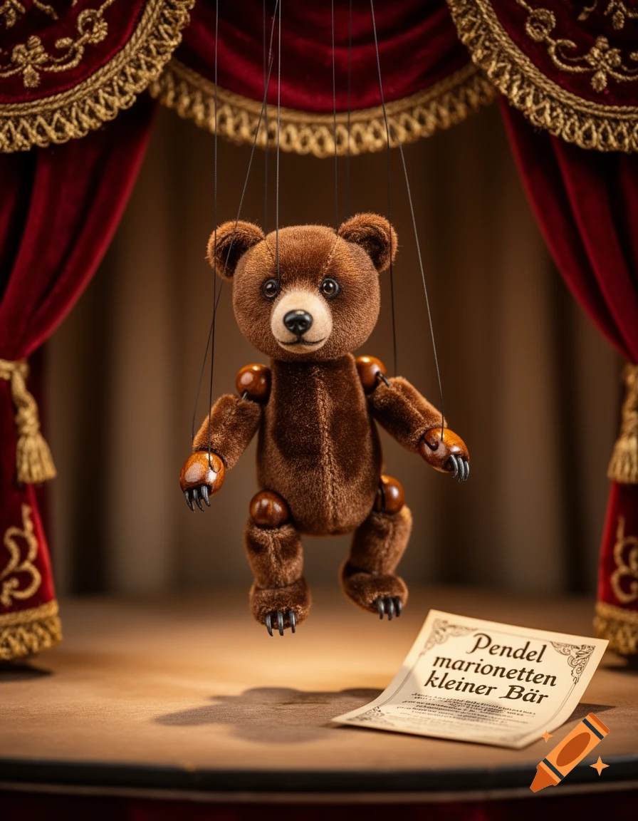 A brown teddy bear puppet hangs by strings above a wooden stage, flanked by draped red velvet curtains. A note rests on the stage.