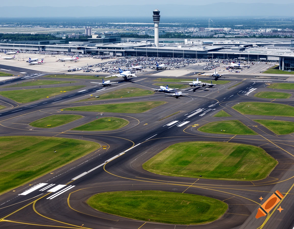 Aerial view of a bustling airport with multiple runways, terminals, parked planes, and an air traffic control tower under a clear sky.