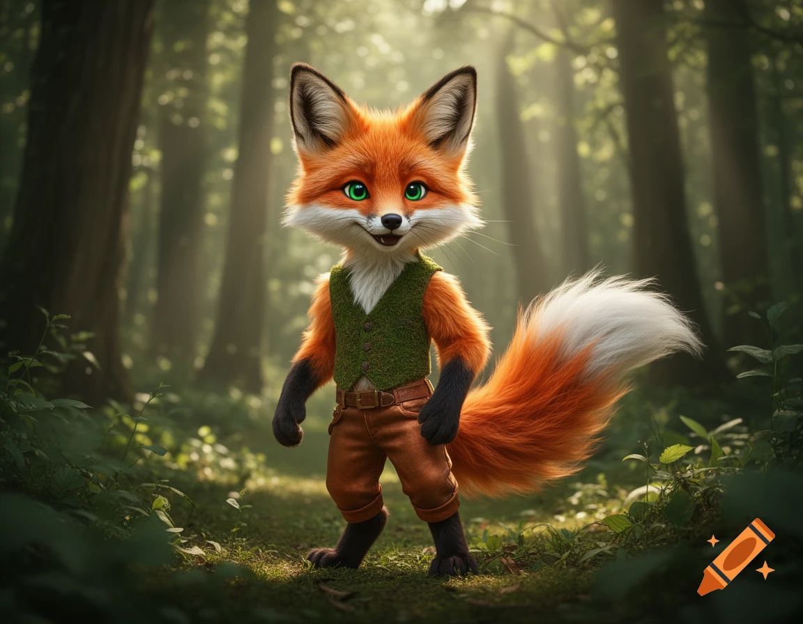 A cute, anthropomorphic fox wearing a green vest and brown pants stands smiling in a sun-dappled forest.